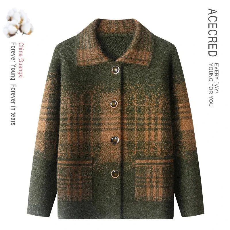 Strickjacke für Ältere Frauen mit Umlegekragen, Karomuster, Dick, Warm, mit Knöpfen, Wintermantel für Mütter und Großmütter