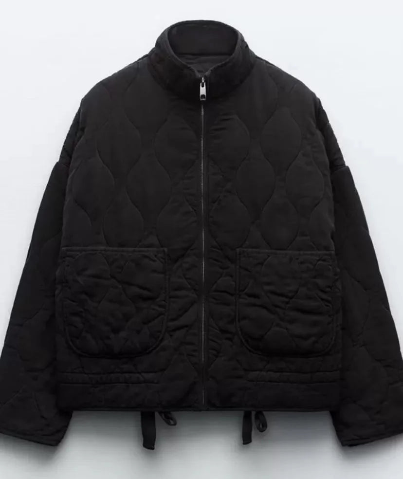 Damen Polyester Gefütterte Jacke 2026 Neuerscheinung Vintage Lenzing Rayon Hochkragen Große Tasche Dekorativer Gesteppter Mantel für Frauen