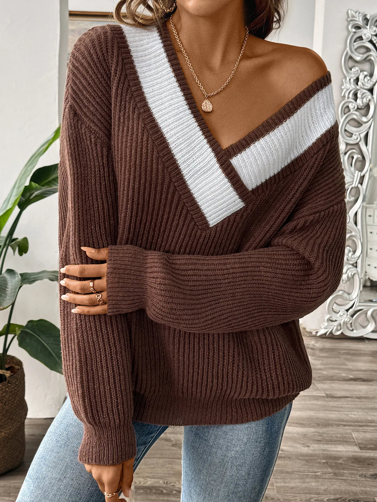 Frauen Invierno Pull Automne Femme Modische V-ausschnitt Lange ärmeln Lose Einfarbig Spleißen Pullover Pullover Herbst Modus Damen