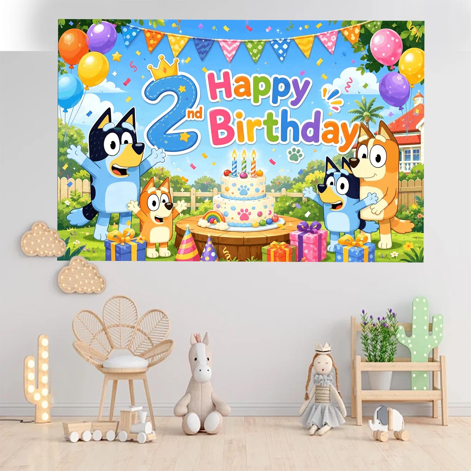 Kinder 2 Jahre Geburtstag Stoff-Hintergrund Bluey Themenparty Cartoon-Dekoration Kuchen Ballons Flaggen Geschenke Fotowand Kinderparty