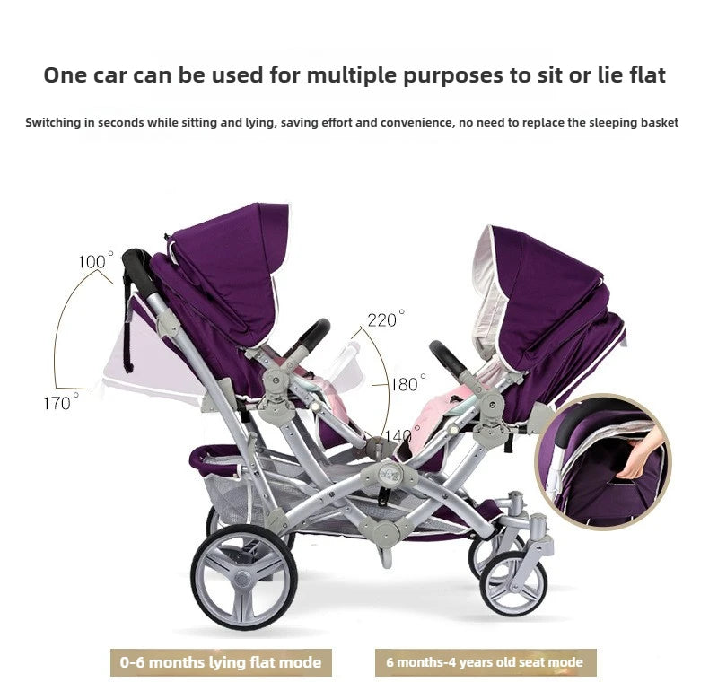 Faltbarer Zwillingskinderwagen, Doppelsitz-Kinderwagen für zwei Babys, stoßdämpfender Zwillingskinderwagen, multifunktional