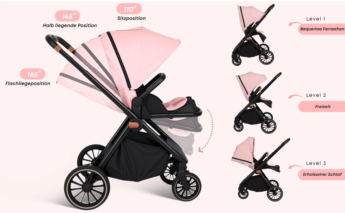 4-in-1-Kinderwagen mit Babyschale und ISOFIX-Basis, multifunktionaler, umkehrbarer Kinderwagen für Neugeborene, Hochsitz-Reisesystem