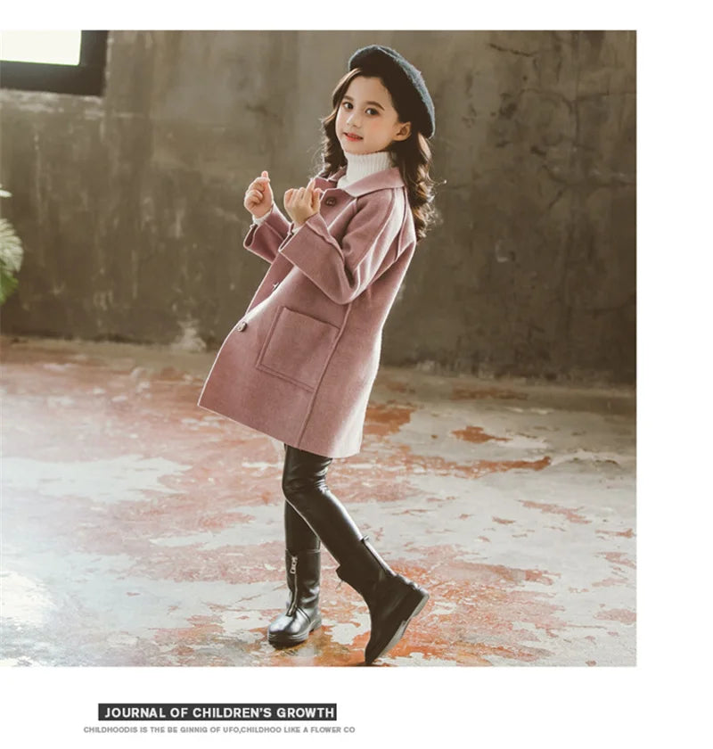 Winter Kinder Tweed Mäntel Herbst Mädchen Warme England Stil Mid-Länge Jacken Teen Mode Oberbekleidung Kind 5-12 Jahre alt