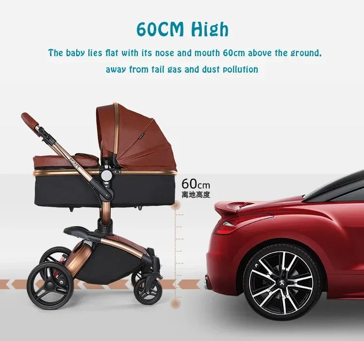 Kinderwagen 3in1 mit abnehmbarem Korb im Autositz. Hochformatige Eierschale aus PU-Leder, Babywagen, Luxuswagen für Babyautos