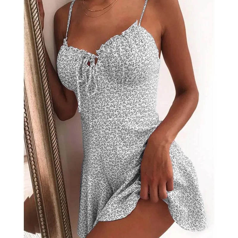 Mini-Kleider in A-Linie mit Blumenmuster, sexy Damen-Dating-Kleid, trägerloses, rückenfreies Kleid, Boho, einfarbig, Strandkleidung