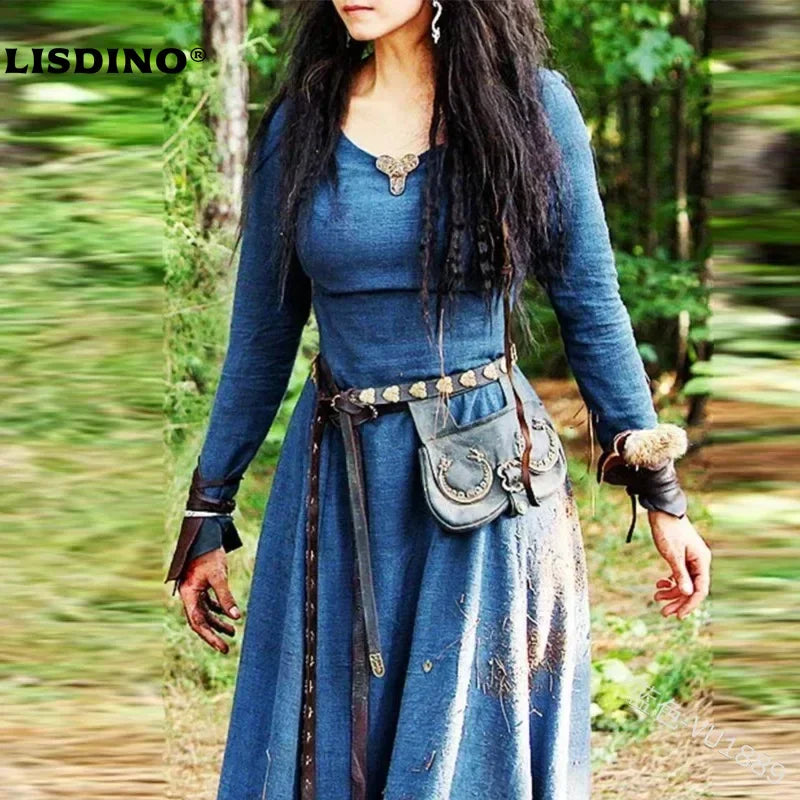 LisdinoMedieval Kleid Frauen Langarm Maxi Robe Vintage Fee Elfen Kleid Renaissance Keltische Viking Gothic Cosplay Kostüme