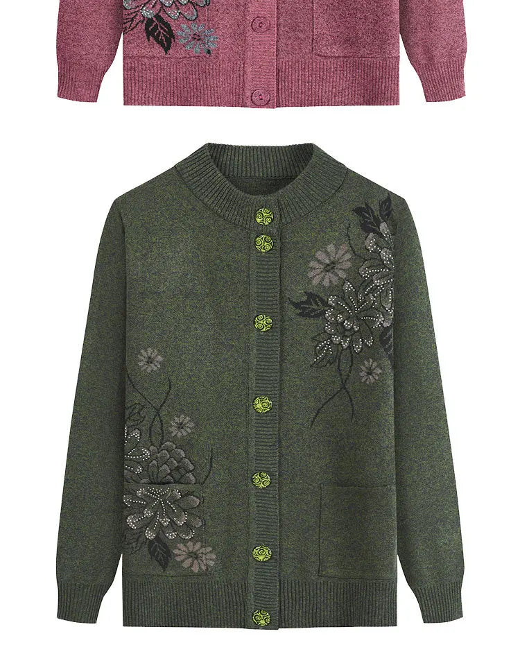 Neue Druck Mittleren Alters Mutter der Frühling Herbst Langarm Pullover Frauen Gestrickte Bodenbildung Shirt Wolle Winter Oma Strickjacke