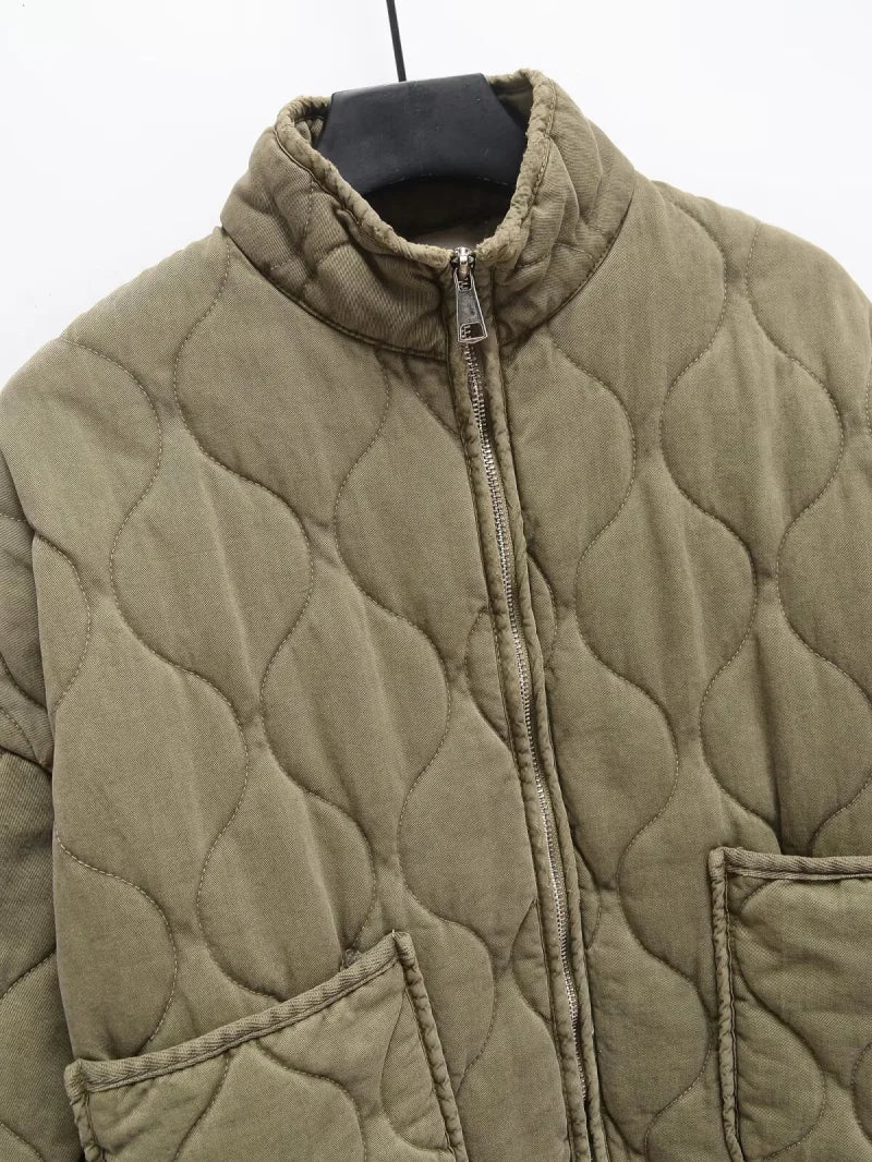 Damen Polyester Gefütterte Jacke 2026 Neuerscheinung Vintage Lenzing Rayon Hochkragen Große Tasche Dekorativer Gesteppter Mantel für Frauen