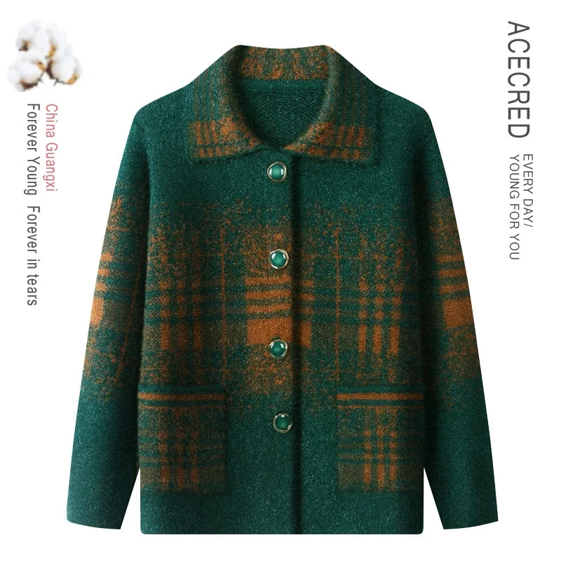 Strickjacke für Ältere Frauen mit Umlegekragen, Karomuster, Dick, Warm, mit Knöpfen, Wintermantel für Mütter und Großmütter
