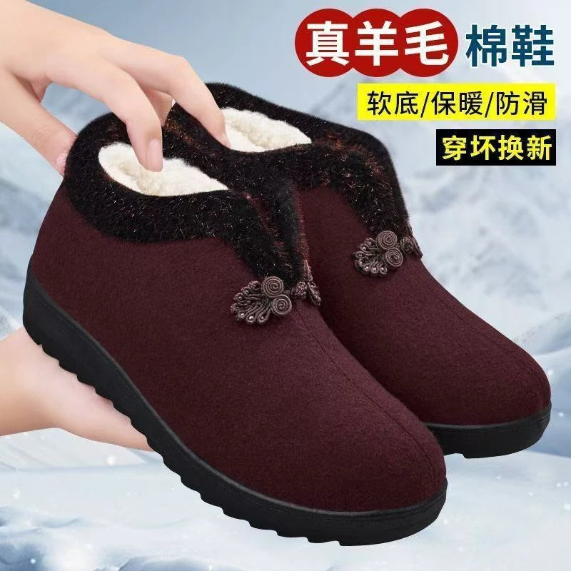 Neue Winter-Damenschuhe im Nordost-Stil, warme Baumwollschuhe, dick gefüttert mit Fleece, rutschfest, weiche Sohle, bequem für ältere Mütter und Großmütter, kältebeständig.