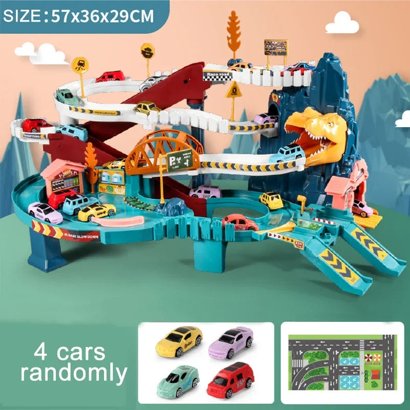Elektrische Schienenauto Dinosaurier Gebäude Parkplatz Abenteuer Racing Schienenauto Spielzeug Kinder Gehirn Mechanische Interaktive Schienenautos