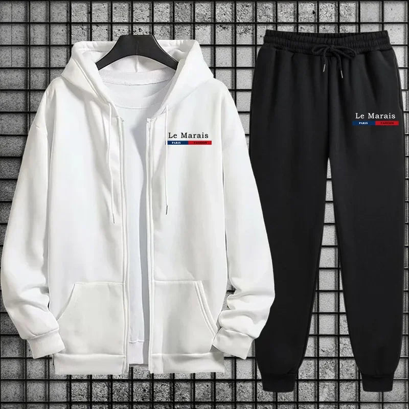 Herbst Winter Sportlicher Stil Paris Le Marais Print Herren Trainingsanzug Set 2-teilig Hoodie mit Jogginghose Urban Streetwear Outfit