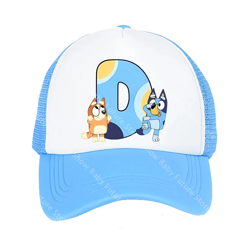 Blueys Baseballkappen für Erwachsene, Jungen und Mädchen, Kawaii-Buchstaben, zwei Größen, atmungsaktive Sport-Mesh-Mütze, niedlicher Cartoon-Anime-Sonnenhut, Geschenke