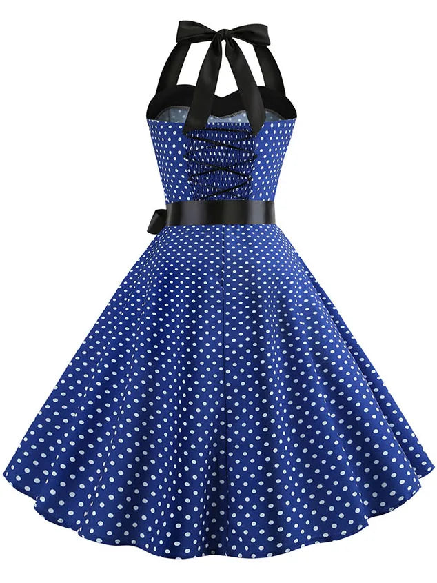 Frauen Polka Dot Print Sommer Kleid Sexy Retro Weiß Halter Vintage Kleid Robe Femme Pin Up Rockabilly Party Kleid
