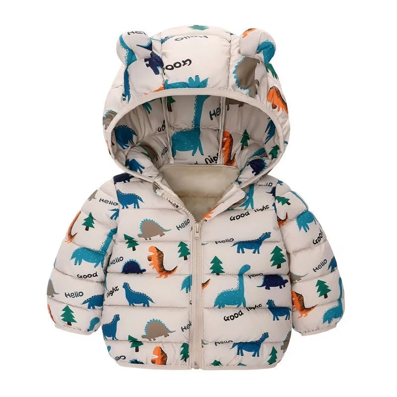 Kinder Jungen Baby Mit Kapuze Leichte Daunenjacken Warme Oberbekleidung Herbst Kinder Mädchen Mäntel Cartoon Dinosaurier Druck Freizeitkleidung