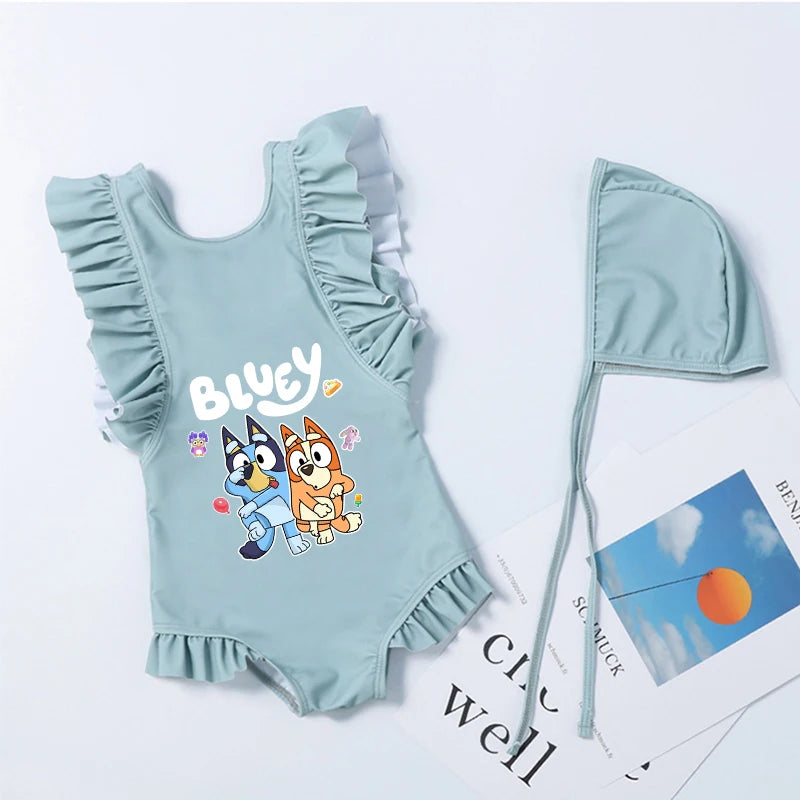 Cartoon Bluey Mädchen Sommer-Badeanzüge Kinder Einteilige & Bikini-Sets mit Badekappe Strandkleidung Bademode für Kinder