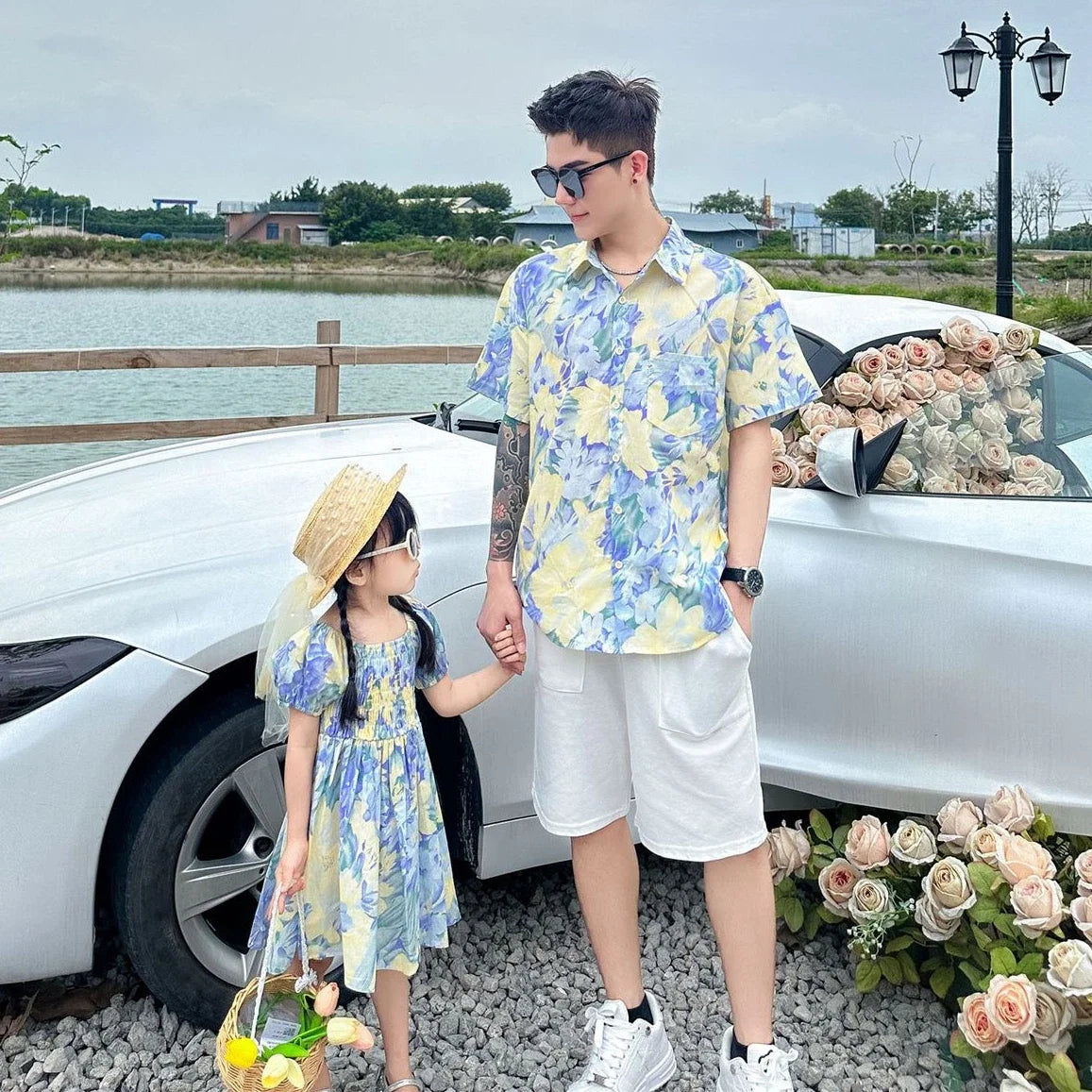 Urlaub Look Familie passende Kleidung Urlaub Mutter Tochter Mädchen Kittel Kleid Papa Sohn Blumen hemden Schwester Bruder Zwillinge Kleidung