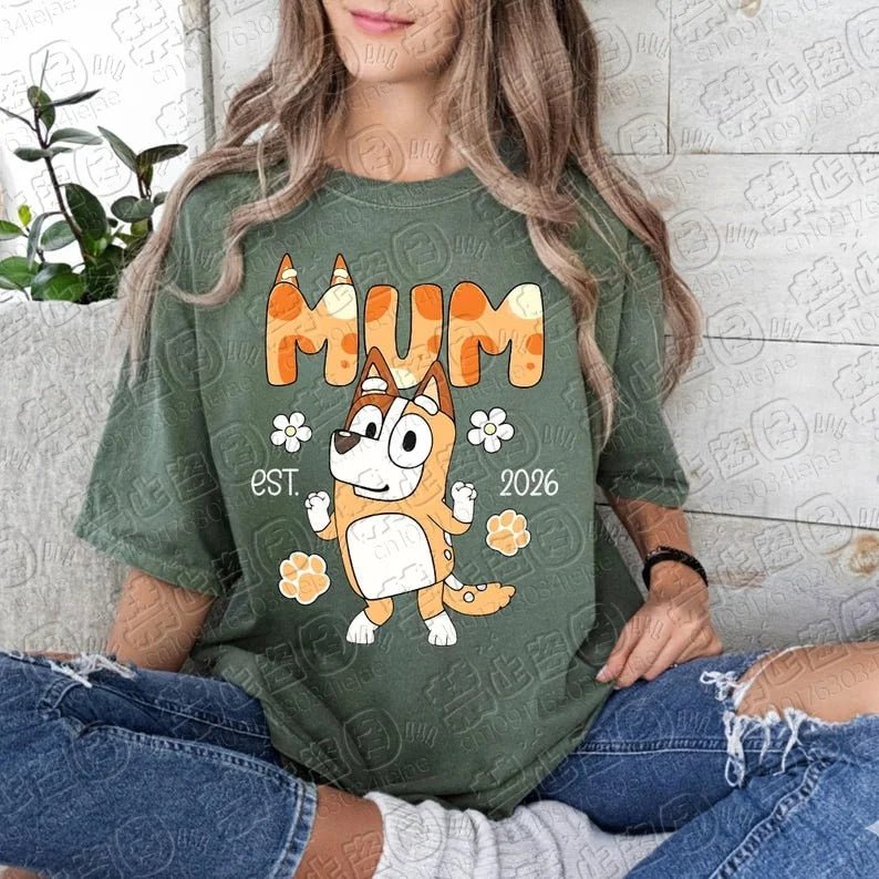 2026 Bluey Familien-Shirts, Cartoon Blauer Hund Mama Papa Partnerlook T-Shirts, Cooler Cartoon-Druck, Lässige Eltern-Kind Atmungsaktive T-Shirts