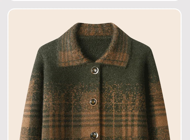 Strickjacke für Ältere Frauen mit Umlegekragen, Karomuster, Dick, Warm, mit Knöpfen, Wintermantel für Mütter und Großmütter