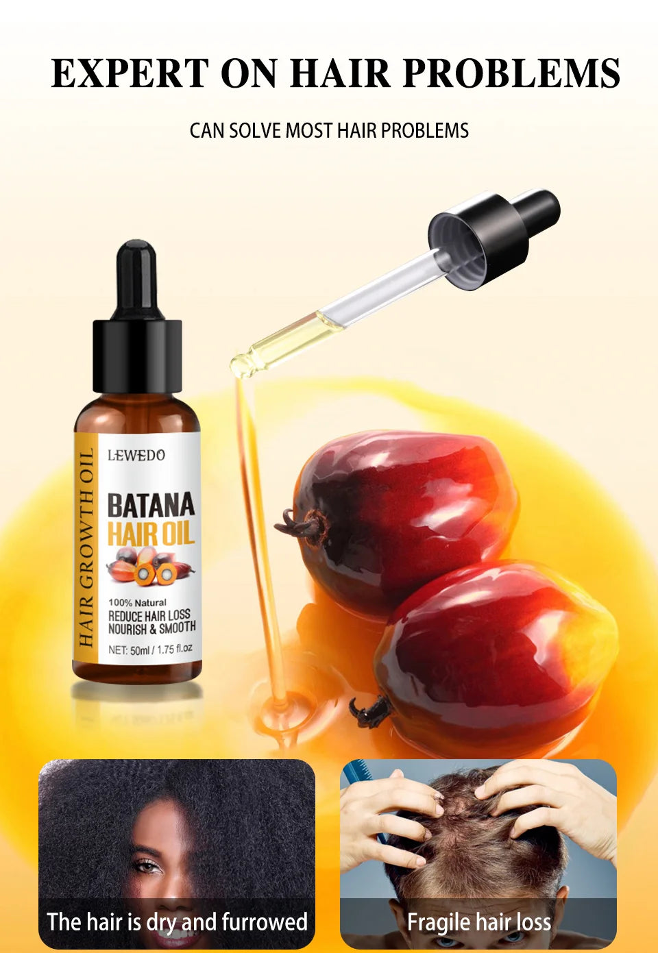 Lewedo Naturals Batana-Öl, schnelles Haarwachstum für Männer und Frauen, reines Batana-Öl, nährt glänzendes Haar, gesunde Haarpflege, Anti-Haarausfall
