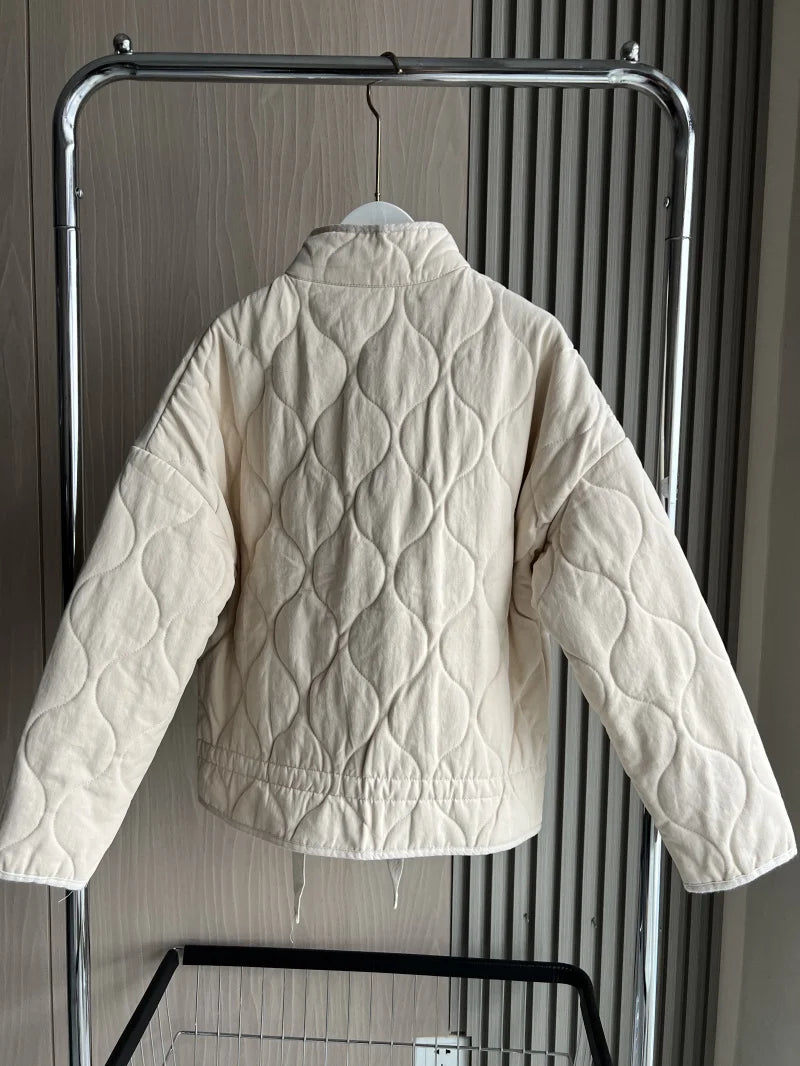 Damen Polyester Gefütterte Jacke 2026 Neuerscheinung Vintage Lenzing Rayon Hochkragen Große Tasche Dekorativer Gesteppter Mantel für Frauen