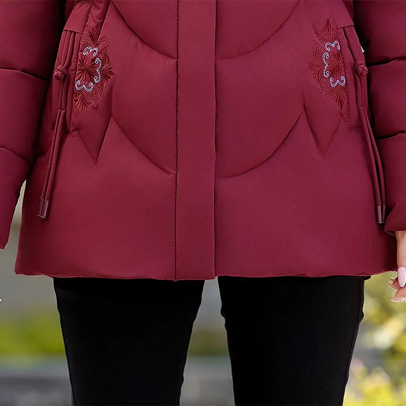 Frauen Winter Puffer Baumwolle Gefütterte Jacke Oma Mit Kapuze Fleece Dicke Parkas Warme Lose Retro Stickerei Schnee Mantel Lose Weibliche