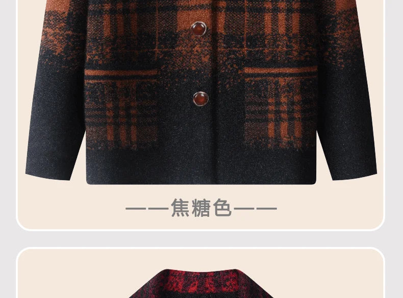 Strickjacke für Ältere Frauen mit Umlegekragen, Karomuster, Dick, Warm, mit Knöpfen, Wintermantel für Mütter und Großmütter