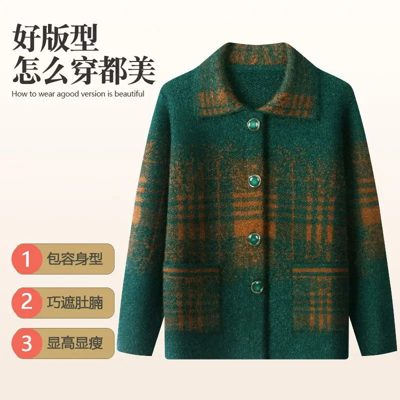 Strickjacke für Ältere Frauen mit Umlegekragen, Karomuster, Dick, Warm, mit Knöpfen, Wintermantel für Mütter und Großmütter