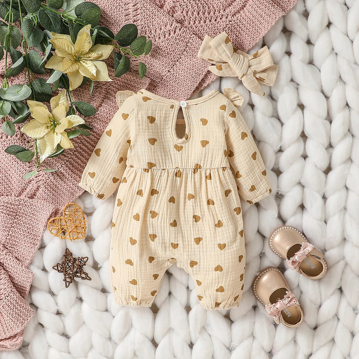 Baby Mädchen Sommer Langarm Druck Liebe mit Schleife für lässigen täglichen Baumwolloverall