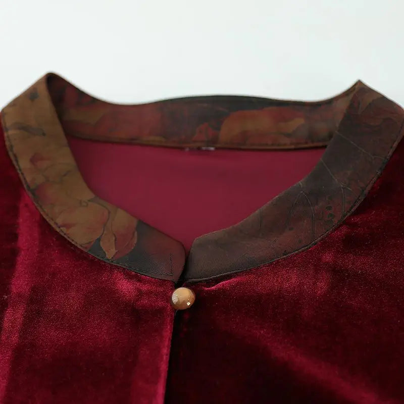 Samtjacke für ältere Frauen, Frühling/Herbst, Blumenmuster, Stehkragen, lange Ärmel, locker geschnittener Mantel für alte Großmütter