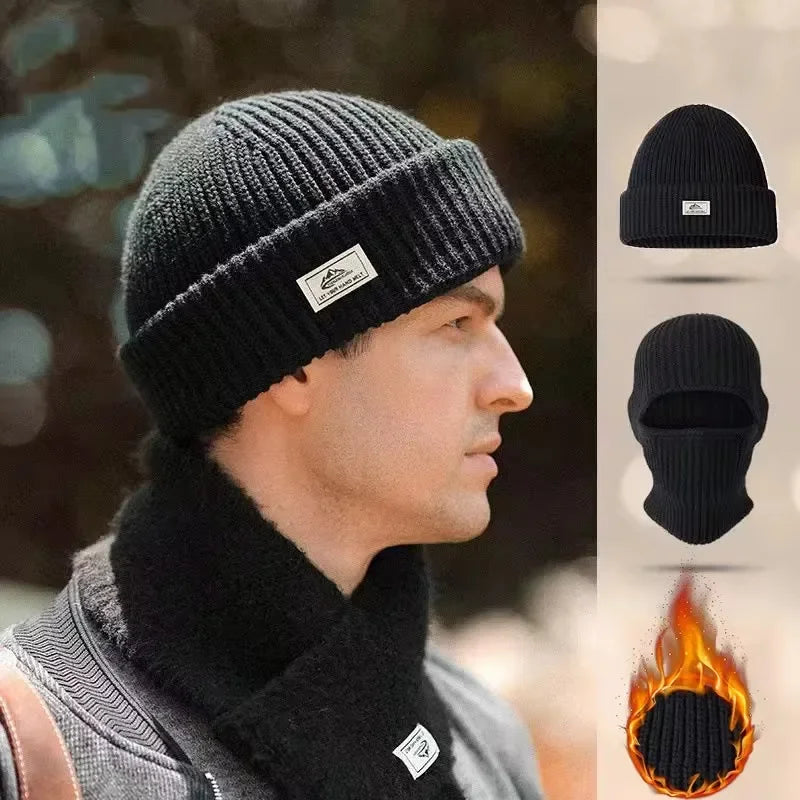2-in-1 Winter-Maskenmütze Warme Strickmütze Winddichte Einfarbige Vollgesichts-Skimaske Taktische Fahrrad-Ohrenwärmer-Kappe