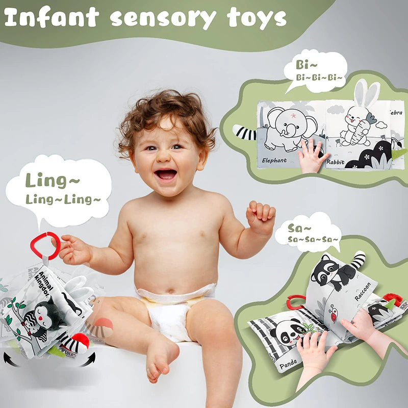 Weiche Babybücher, 3D-Touch-Feeling, kontrastreiches Stoffbuch, sensorisches frühes Lernen, Kinderwagenspielzeug für Kleinkinder, Geschenke von 0–12 Monaten
