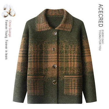 Strickjacke für Ältere Frauen mit Umlegekragen, Karomuster, Dick, Warm, mit Knöpfen, Wintermantel für Mütter und Großmütter