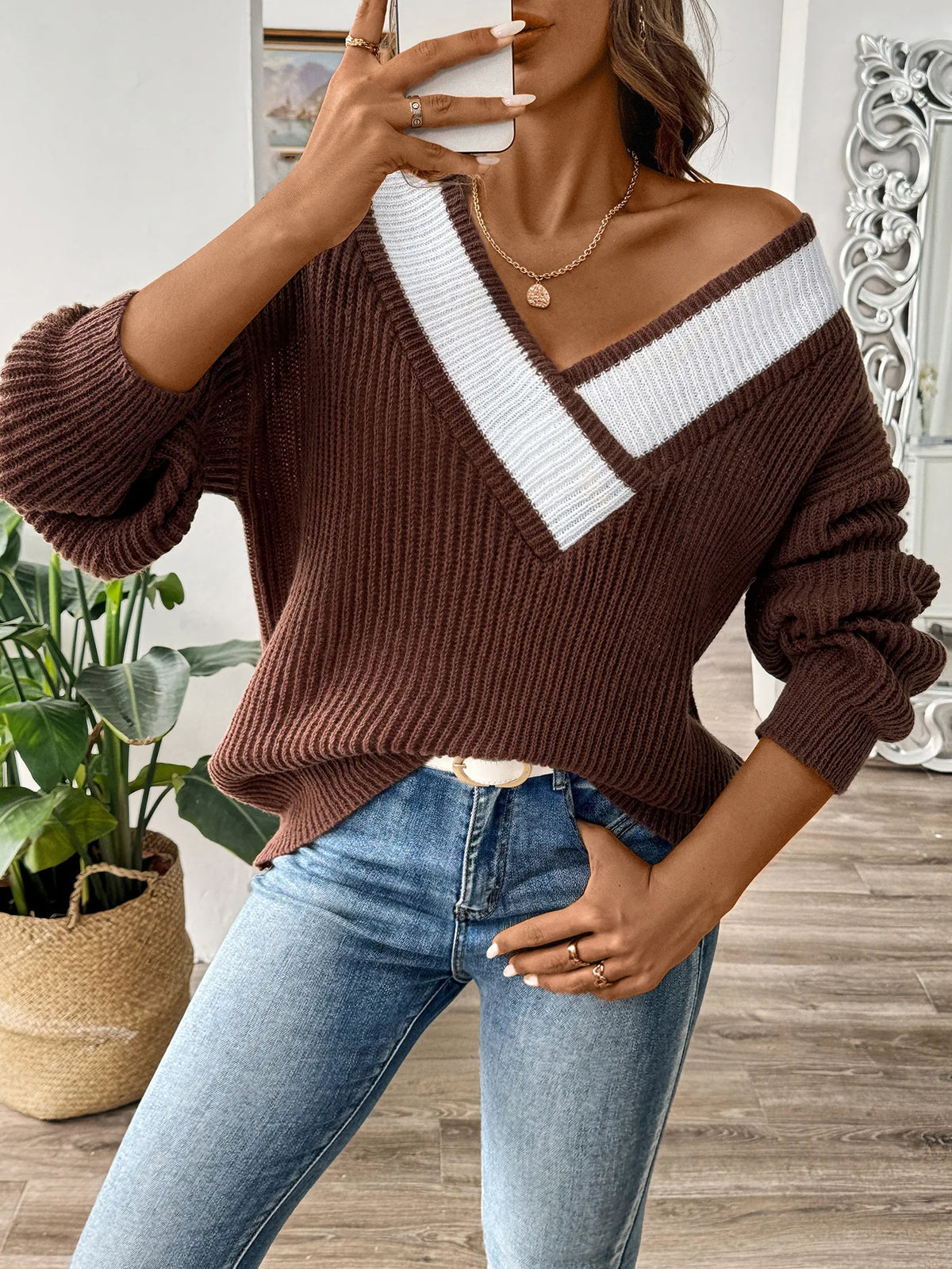 Frauen Invierno Pull Automne Femme Modische V-ausschnitt Lange ärmeln Lose Einfarbig Spleißen Pullover Pullover Herbst Modus Damen