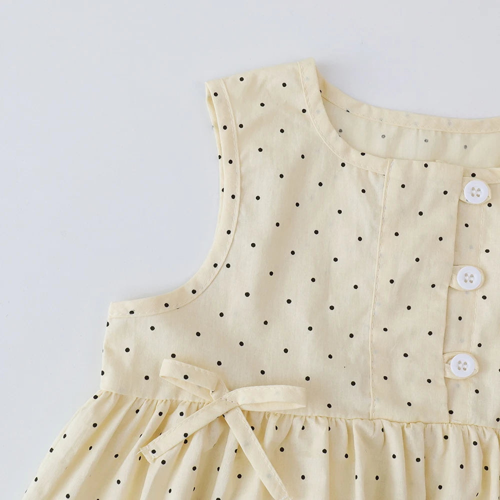 Bear Leader Baby-Mädchen-Freizeitkleidung, Rundhalsausschnitt, ärmelloses Polka-Dot-Oberteil + Hose mit weitem Bein, 2-teiliges Set mit Schleife und Knopf