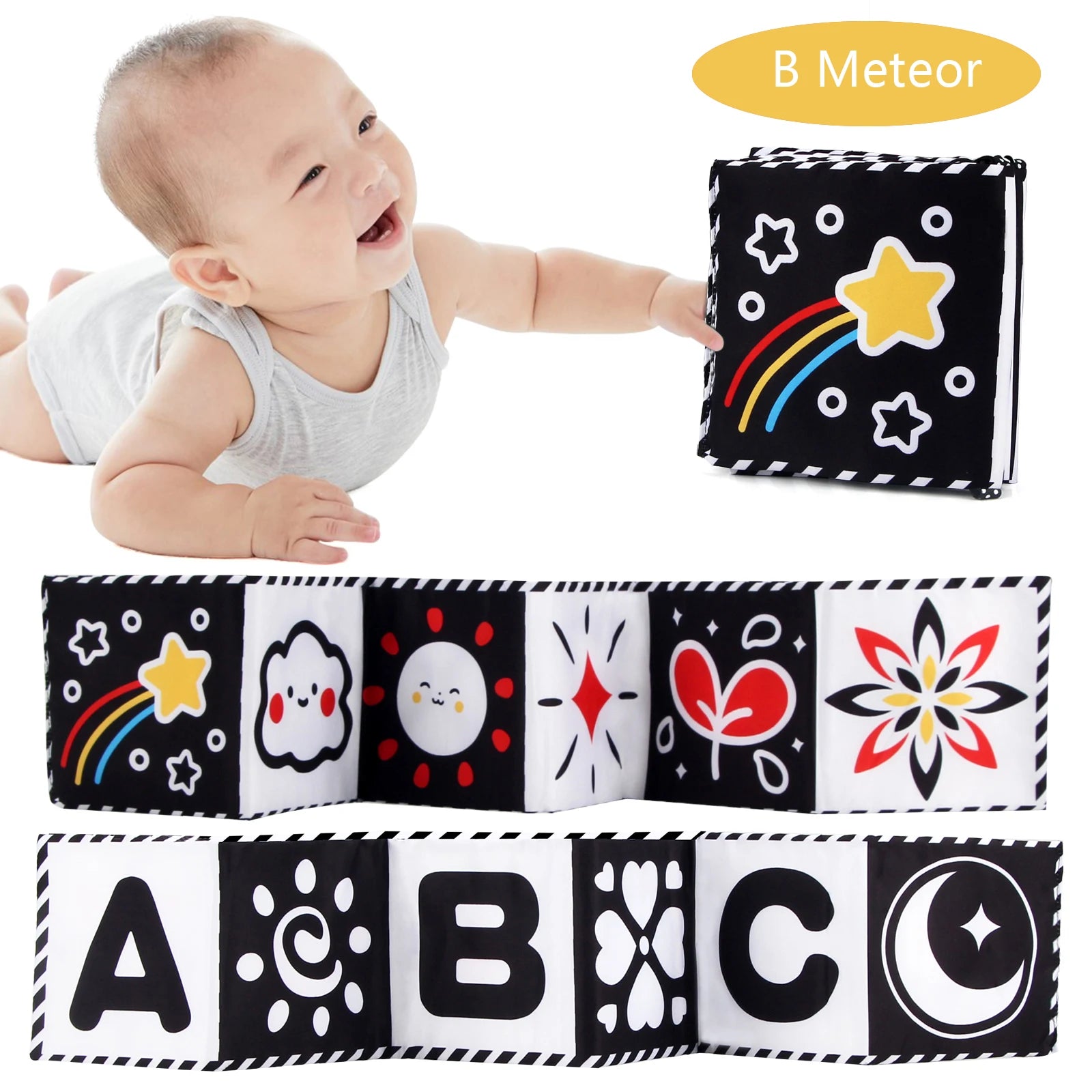Baby Stoffbuch Hochkontrast-Babyspielzeug 0M+ Neugeborenen-Krippenspielzeug Schwarz-Weiß Tier-Sensorik-Stoffbücher Montessori-Spielzeug