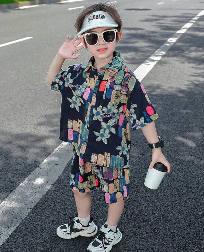 Bedrucktes Hemd, koreanische Kleidung, Kinder-Oberteil, Kinder ab 8–12 Jahren, Sommeranzug für Jungen, Kinder, Jungen, Kleidungsset, 4-altes Kostüm 7
