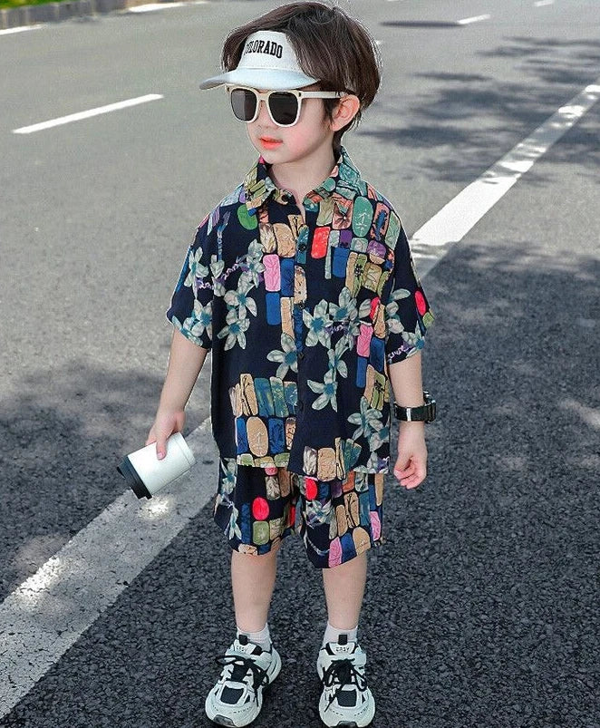 Bedrucktes Hemd, koreanische Kleidung, Kinder-Oberteil, Kinder ab 8–12 Jahren, Sommeranzug für Jungen, Kinder, Jungen, Kleidungsset, 4-altes Kostüm 7