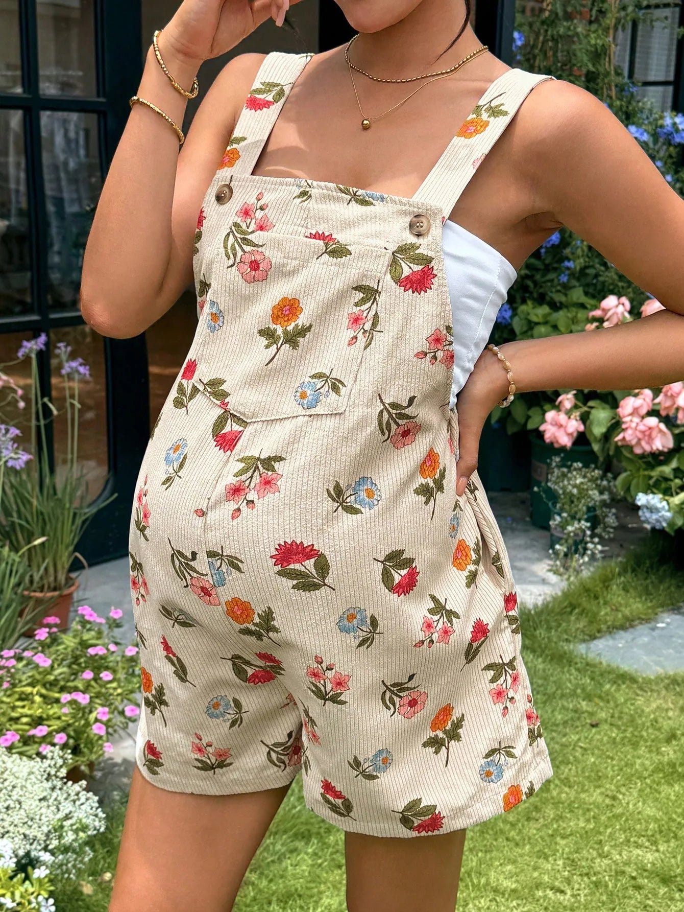 Umstands-Overalls für schwangere Frauen, Herz-Blumendruck, verstellbare Taille, Shortalls, Strampler, Frühling, Sommer, lässige Schwangerschaftskleidung