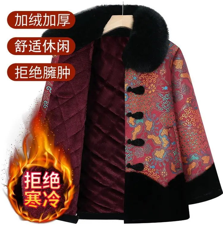Chinesischer Stil, floraler, mit Fleece gefütterter Mantel für ältere Frauen, Kunstpelzkragen, Tang-Anzug, warme Winter-Oma-Oberbekleidung