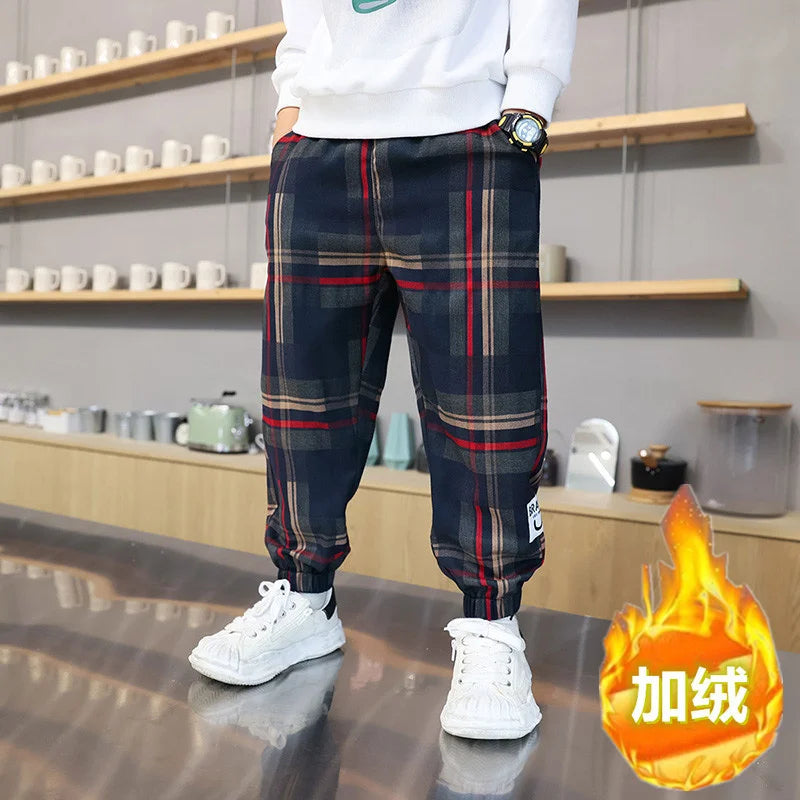 Jungen Dicke Plaid Hosen Frühling Herbst Mädchen Plus Samt Warme Kordelzug Kinder Trend Hosen Mode Teen Sport Casual Hosen 4-12Y