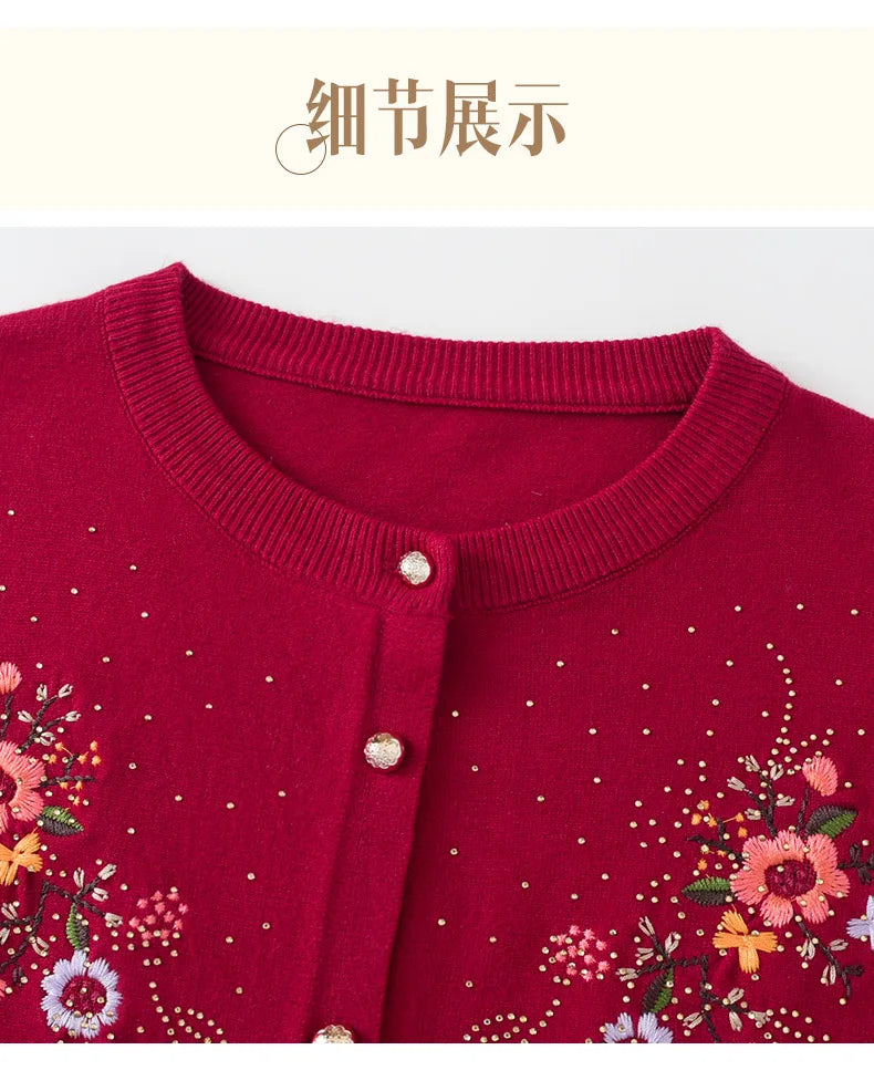 Mittleren Alters und ältere Frauen Stickerei Strickjacke Jacke einreiher schlanke Pullover Mantel dünne Frühling Oma Kleidung