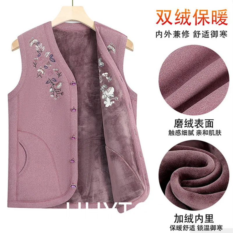 Oma Herbst Winter Weste Frau Stickerei Einreiher Plüsch Warme Ärmellose Jacke Weibliche Casual Weste Mantel 4XL 2925