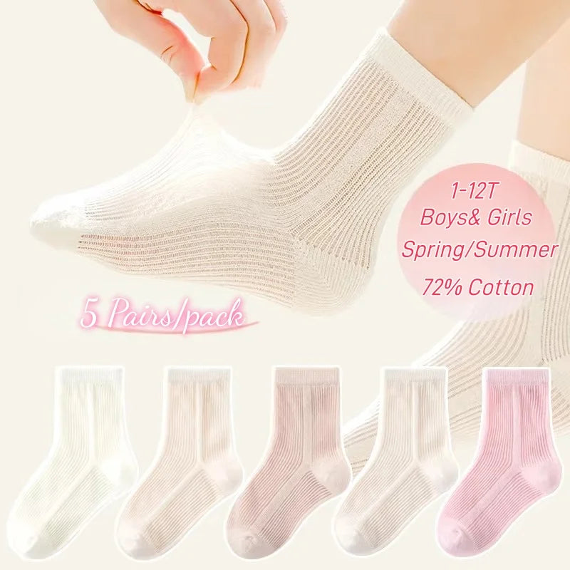 5 Paar Babysocken, Sommer-Baumwollsocken, dünne Netzsocken, für Jungen und Mädchen, Frühlingssocken, einfarbig
