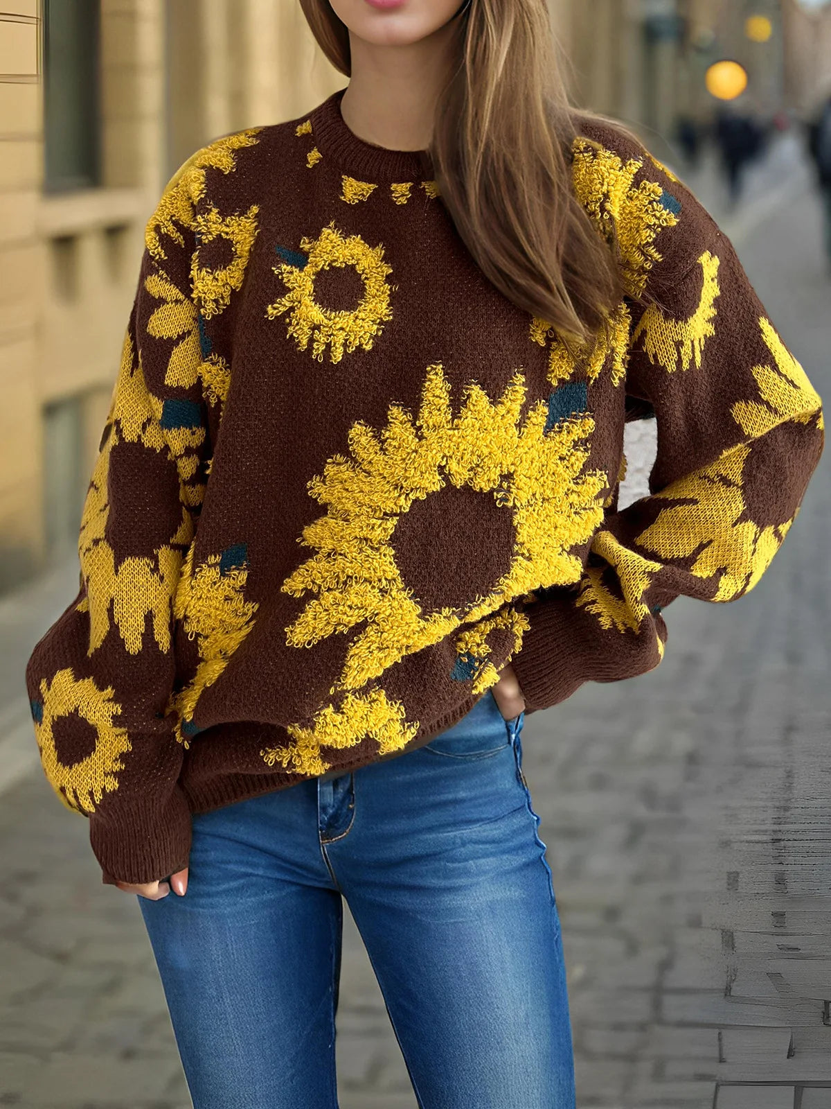 Damen Herbst Pullover Damen Mode Rundhalspullover mit Blumendruck, vielseitig einsetzbar für Herbst und Winter Herbst Pullover Damen