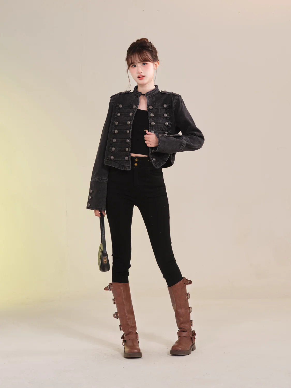 Damenbekleidung Kurzmantel Neue Jeansjacke Retro-Knopfdesign Schlanker Stehkragen Lange Ärmel Jeansoberteil Jacke Kurzmantel