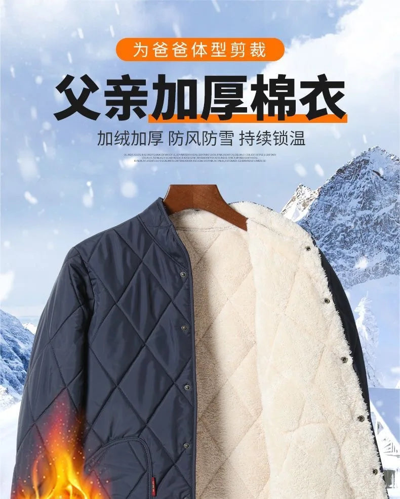 Neue Lammfell-Baumwolljacke für Ältere Herren, Dicke Fleece-Gefütterte Lockere Warme Winterjacke für Väter und Großväter