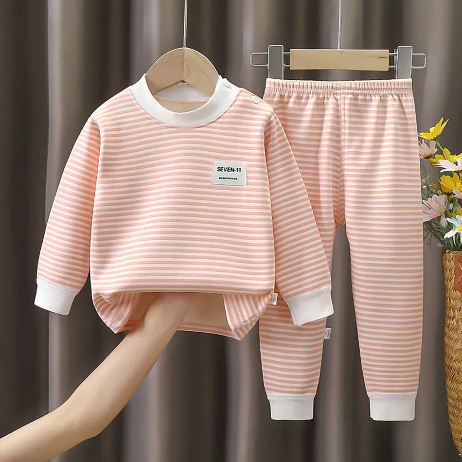 Warmes Baby-Kleidungsset mit Fleece-Futter für Kinder, Jungen und Mädchen, gestreifte Unterwäsche, Nachtwäsche-Set, ideal für Zuhause, Pyjamas, Herbst und Winter