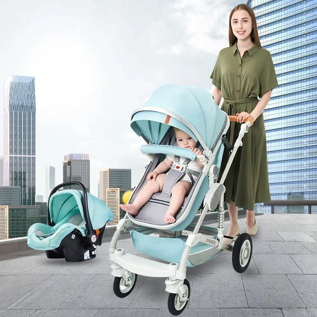 3-in-1-Kinderwagen, klappbar, beidseitig nutzbar, für alle Jahreszeiten, Kinderwagen, Babykutsche, hohe Sitzposition, für Neugeborene, Reisen
