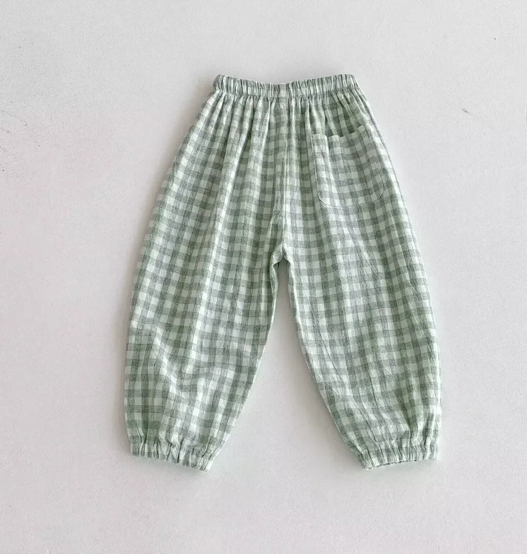 Frühling Sommer Jungen Gestreifte Weite Hosen Baby Mädchen Vintage Lässige Leinen-Baumwoll-Harlan-Hosen Kinder Schnürhose Kinderkleidung